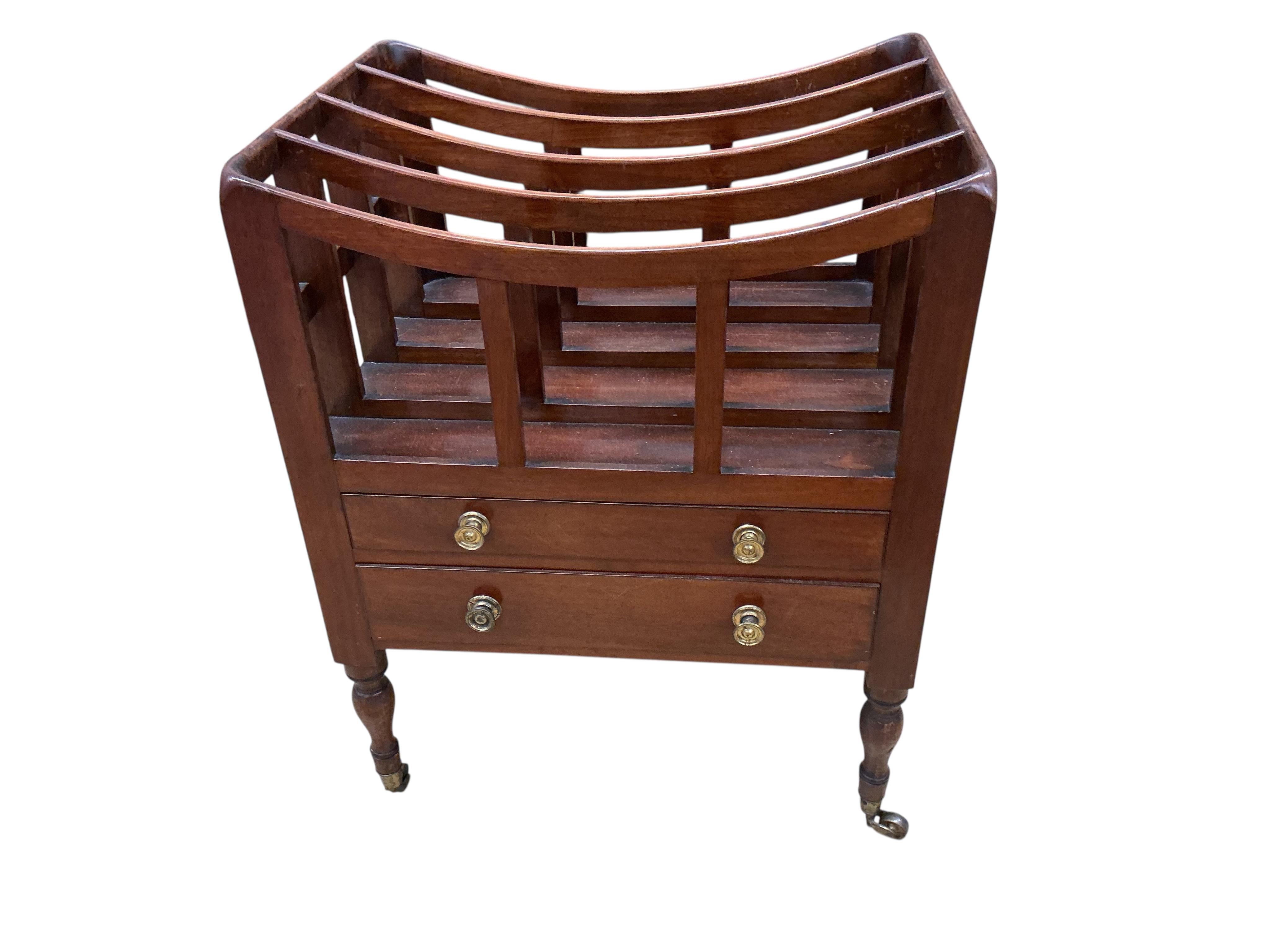 A Regency mahogany four division Canterbury with two base drawers, width 46cm, depth 36cm, height 59cm